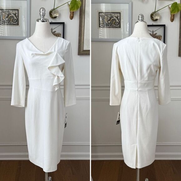 NWT Adriana Papell Ivory Semi Ruffle Sheath Dress $138 2 - Picture 1 of 7